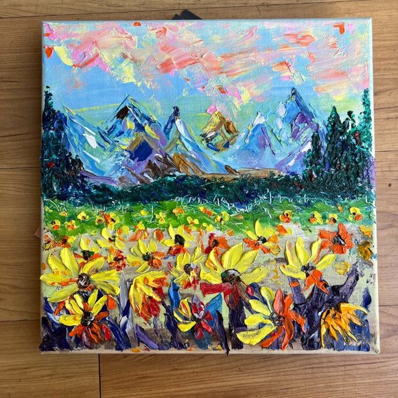 Sunflower Colorado Rocky Mountains Sunset 12x12” Original impasto 3d Oil Paintin - Picture 11 of 12
